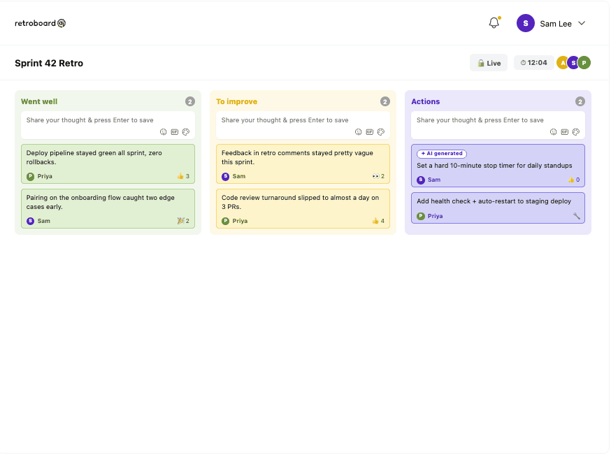 RetroBoard Action Tracker resolving an action, showing resolved actions, then reopening one